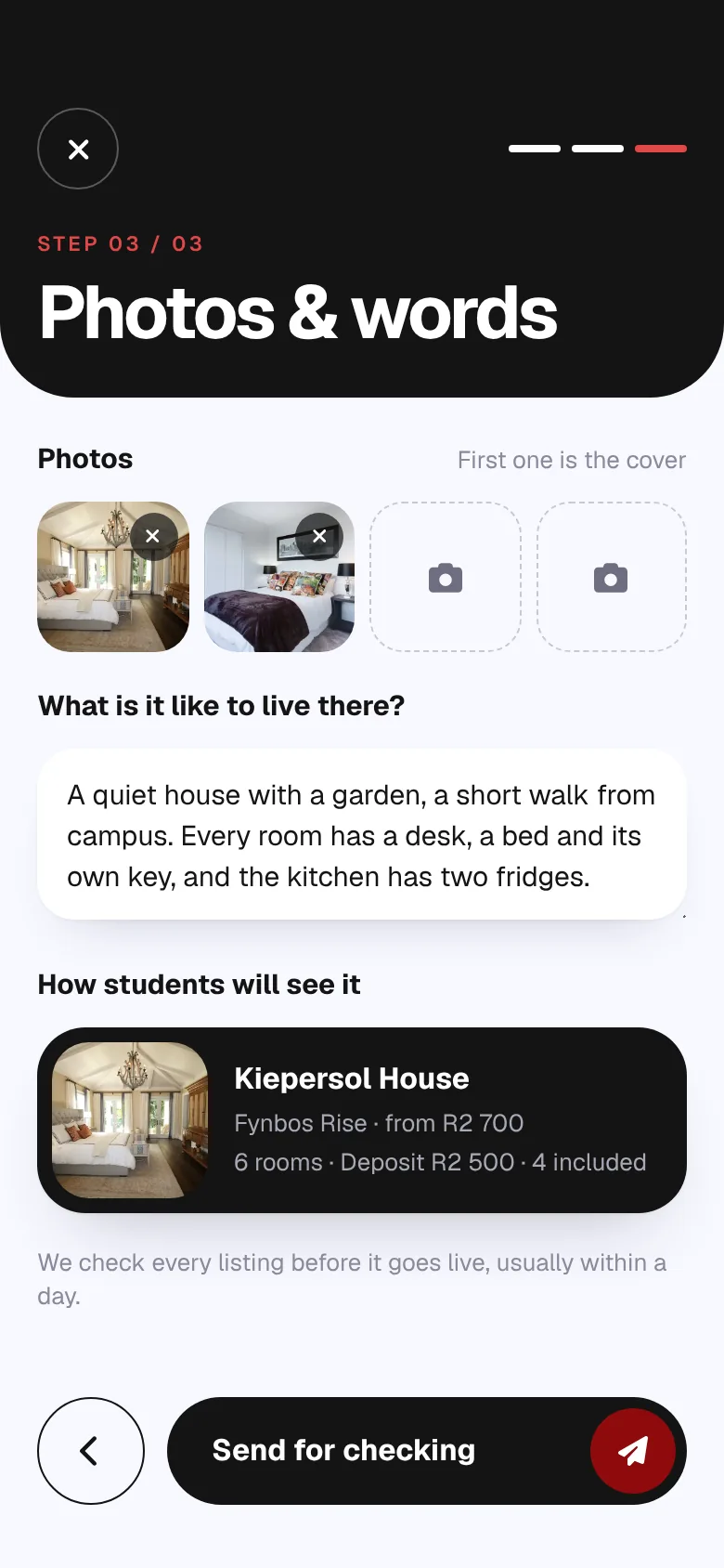 Listing on WhoseInn, step 03: Photos & words