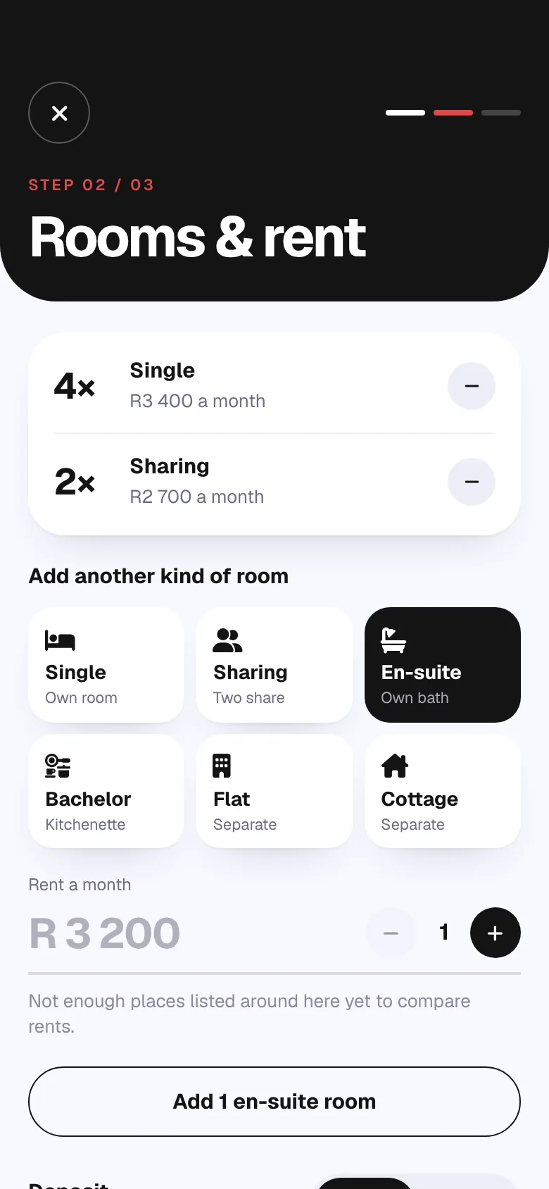 Listing on WhoseInn, step 02: Rooms & rent